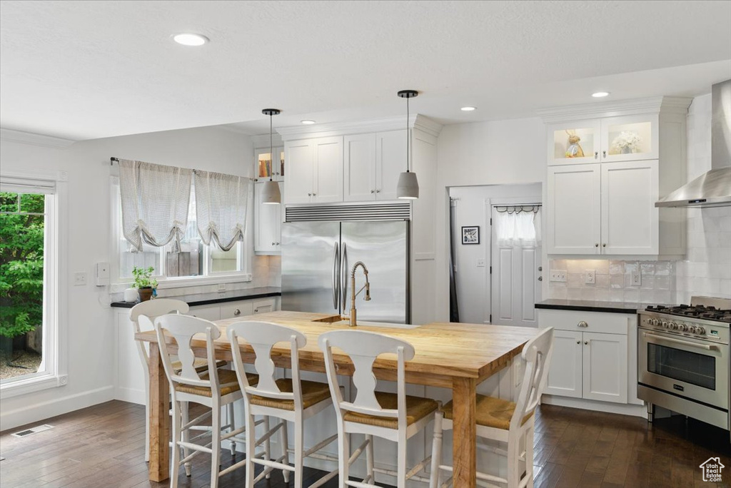 Kitchen with appliances with stainless steel finishes, a sink, dark wood-type flooring, white cabinetry, and recessed lighting