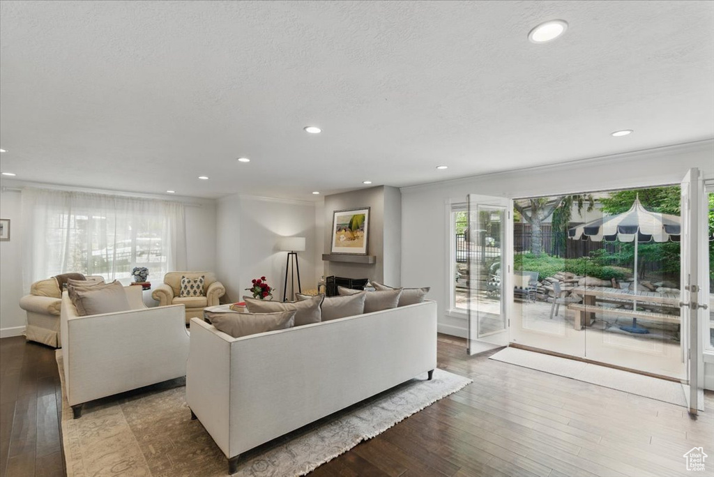 Living area with wood-type flooring, recessed lighting, and crown molding