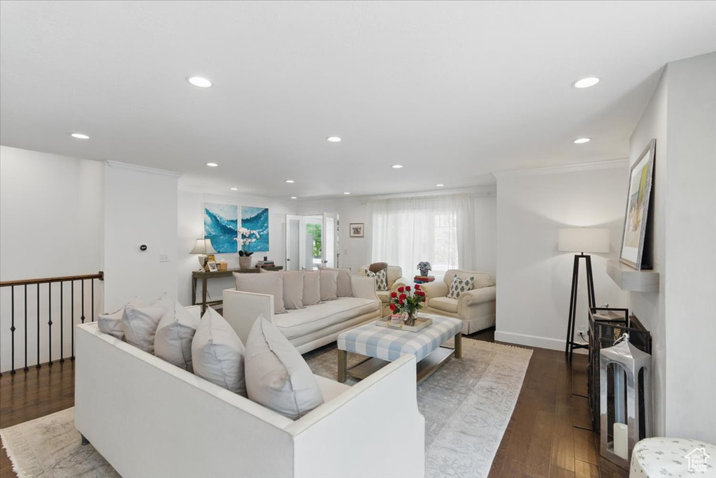 Living area featuring recessed lighting and dark wood-type flooring