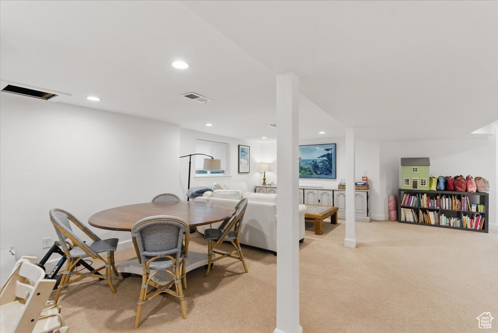 Dining area featuring carpet, recessed lighting, and baseboards
