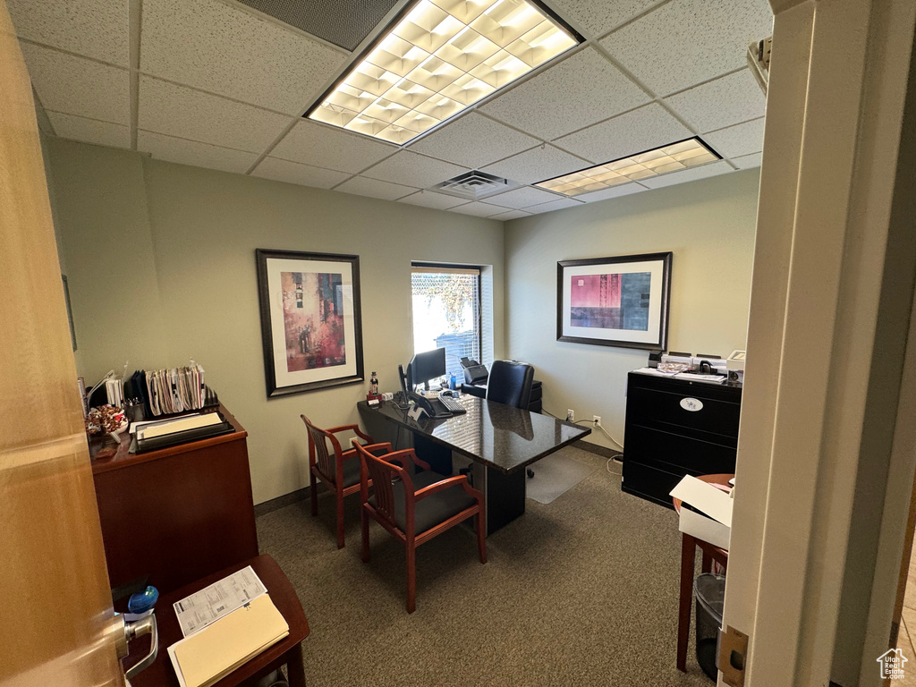 Carpeted office featuring a drop ceiling