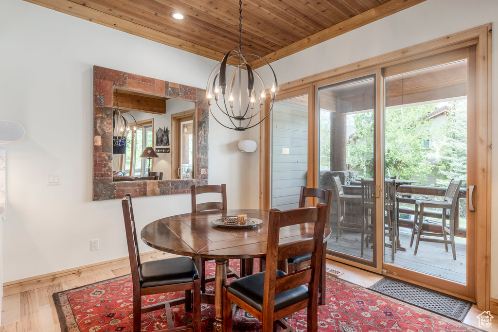 Dining room with wood ceiling, healthy amount of natural light, a chandelier, baseboards, and recessed lighting
