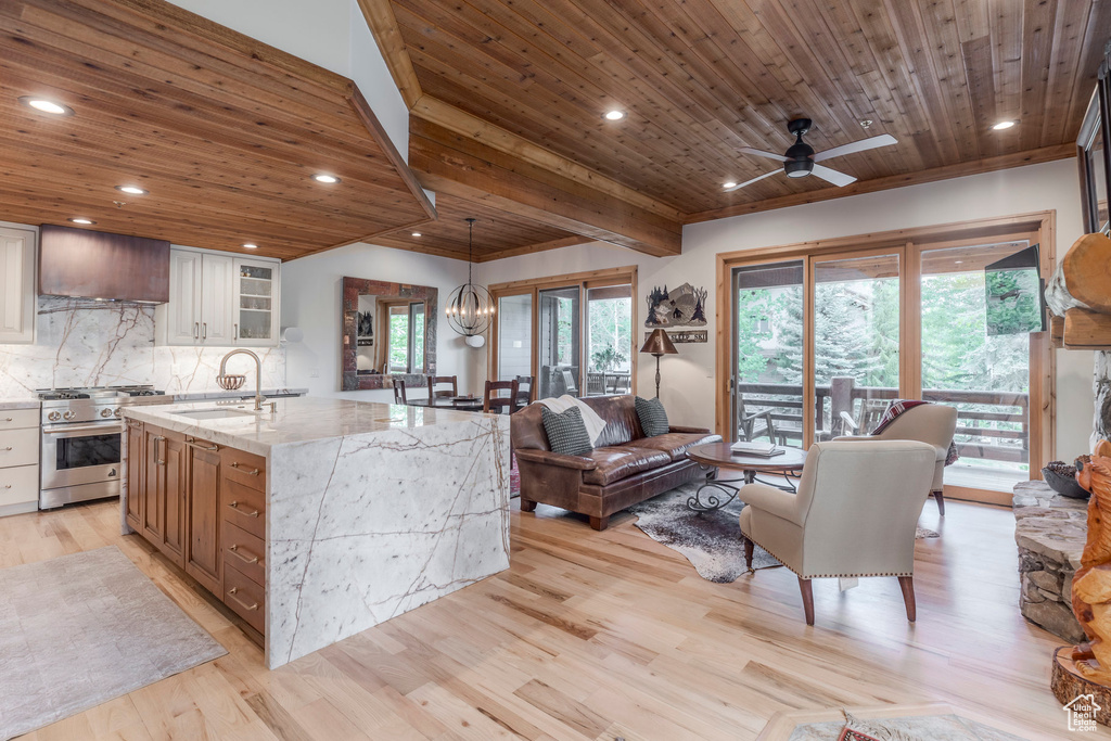 Kitchen featuring high end range, a sink, wooden ceiling with exposed beams, backsplash, and light wood finished floors