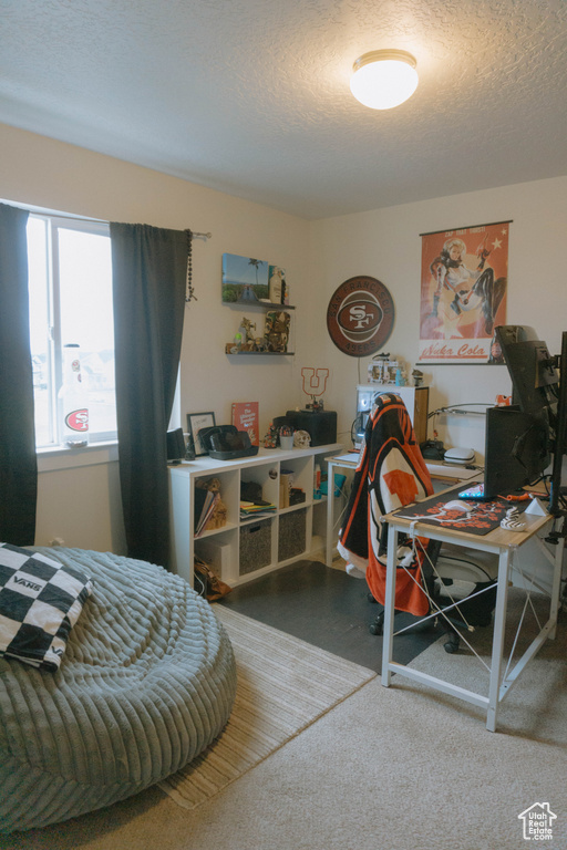 Bedroom featuring a textured ceiling and a desk