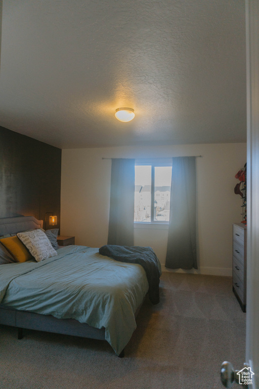 Carpeted bedroom with a textured ceiling