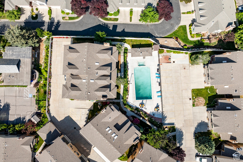 Aerial view of residential area with a pool