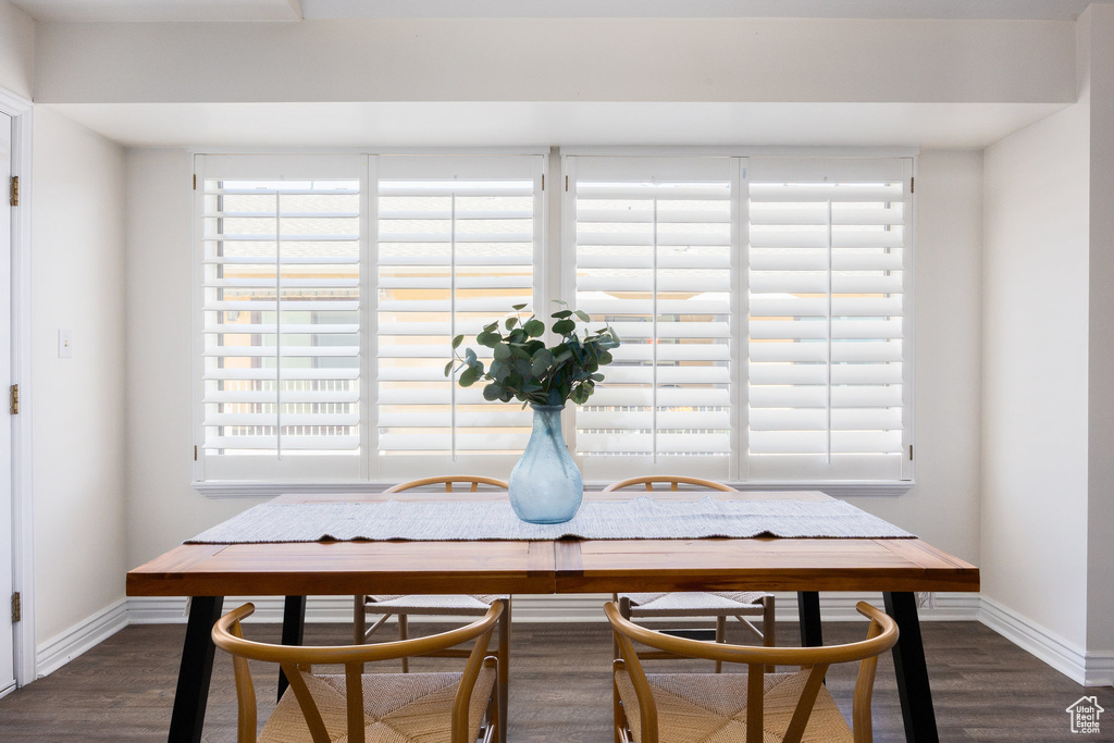 Dining room with dark wood finished floors, healthy amount of natural light, and baseboards