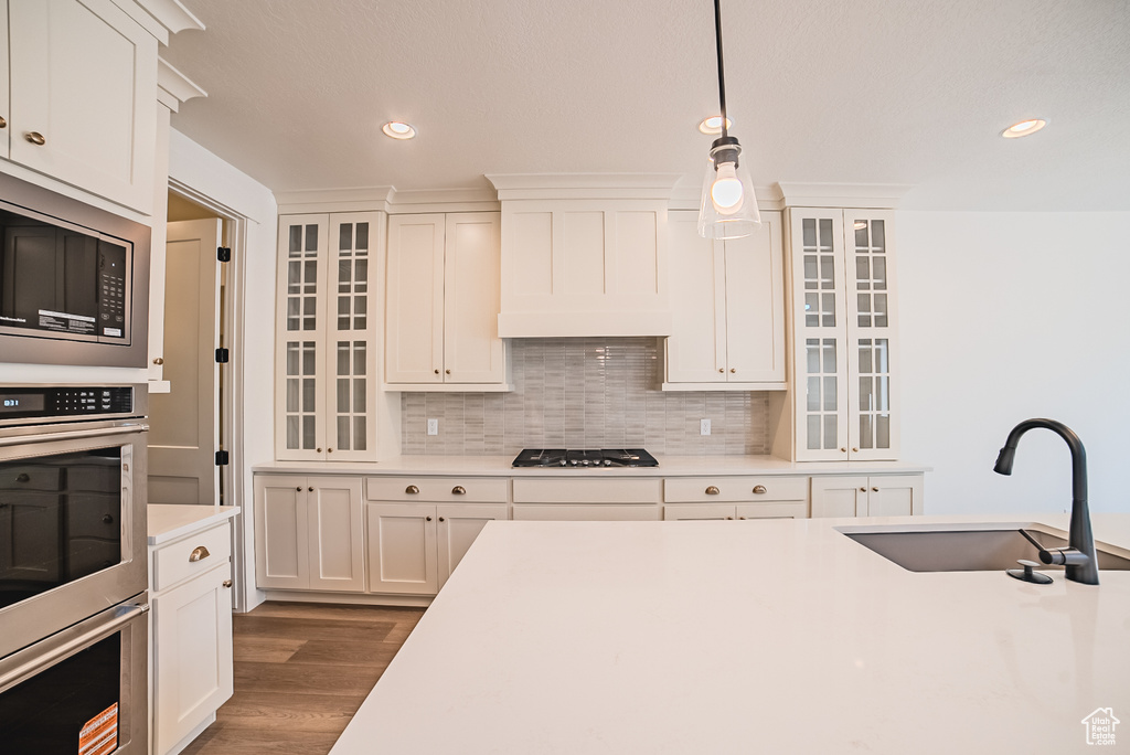 Kitchen featuring a sink, stainless steel appliances, wood finished floors, light countertops, and custom exhaust hood