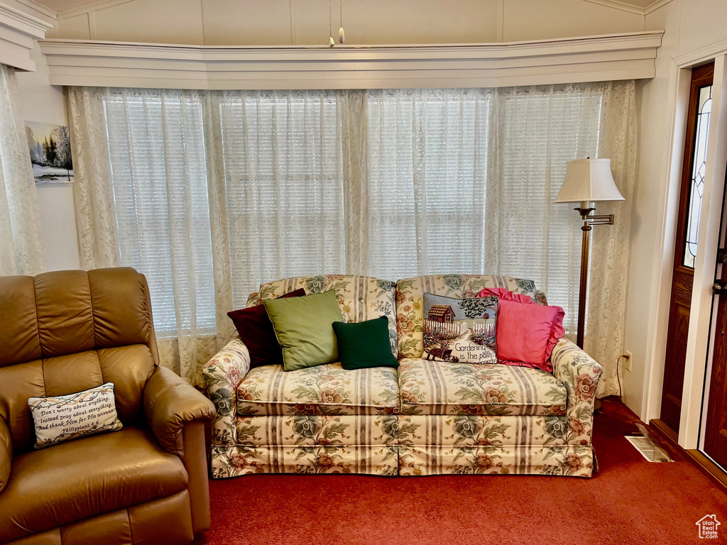 Living area with carpet floors