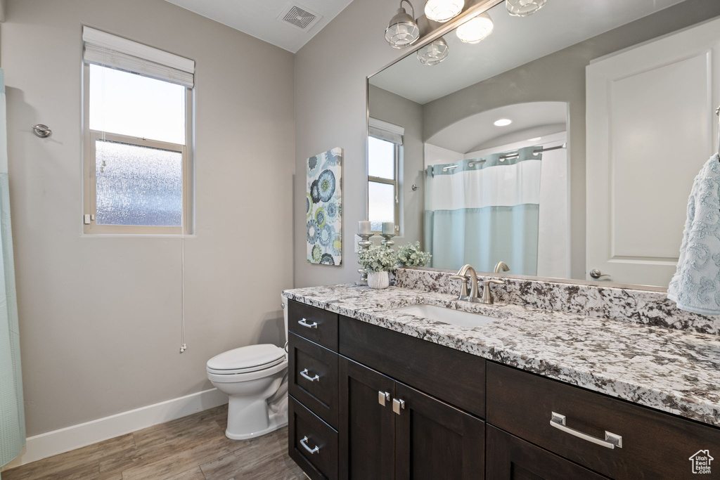 Bathroom with baseboards, vanity, toilet, wood finished floors, and a shower with curtain