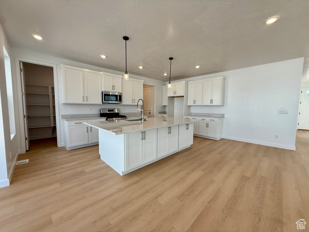 Kitchen with appliances with stainless steel finishes, white cabinetry, light countertops, light wood finished floors, and recessed lighting
