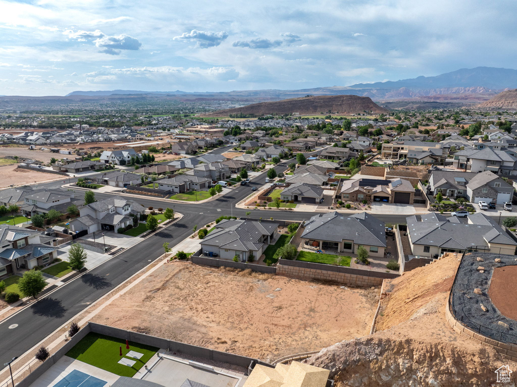 Aerial view of residential area with mountains
