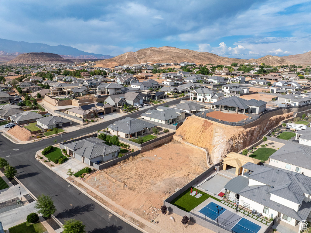 Aerial perspective of suburban area with mountains