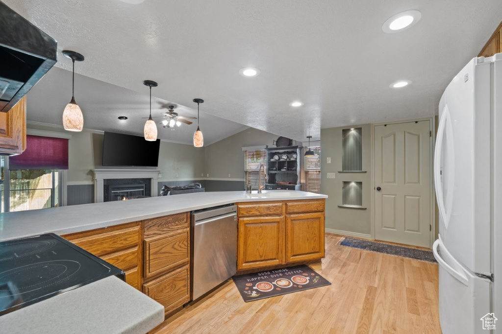 Kitchen with freestanding refrigerator, dishwasher, a warm lit fireplace, light wood-style floors, and open floor plan