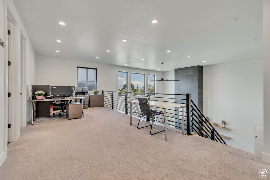 Home office with light colored carpet, recessed lighting, and ceiling fan