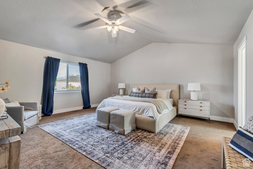 Carpeted bedroom featuring vaulted ceiling, a ceiling fan, baseboards, and a textured ceiling