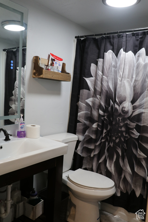 Full bath featuring toilet, vanity, and a shower with curtain