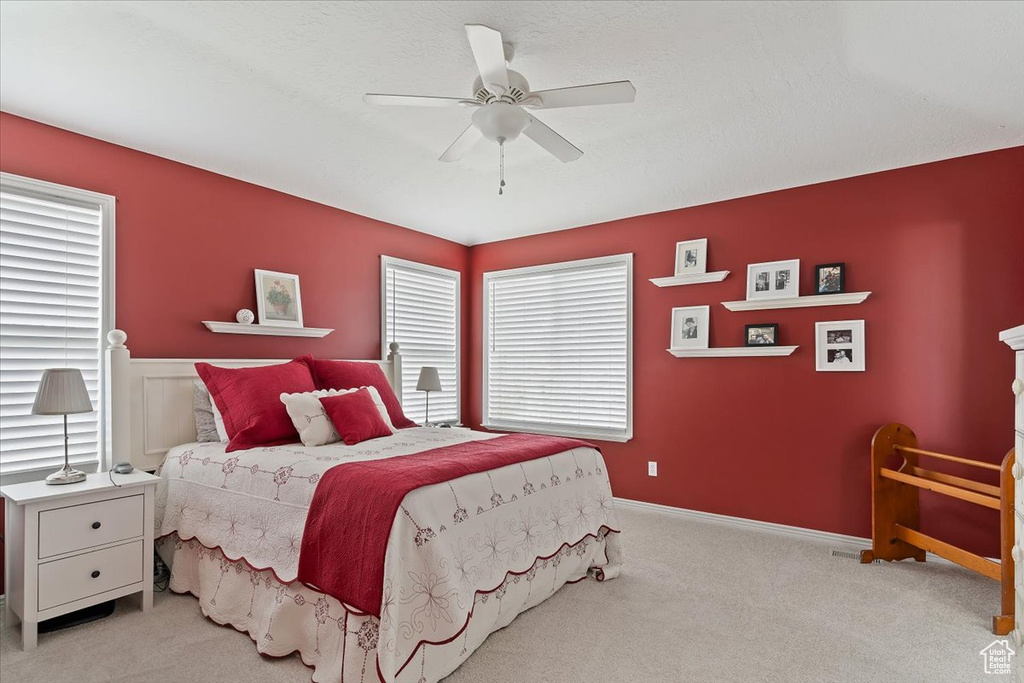 Carpeted bedroom with a ceiling fan and a wainscoted wall