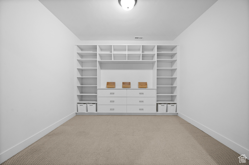 Walk in closet with light carpet