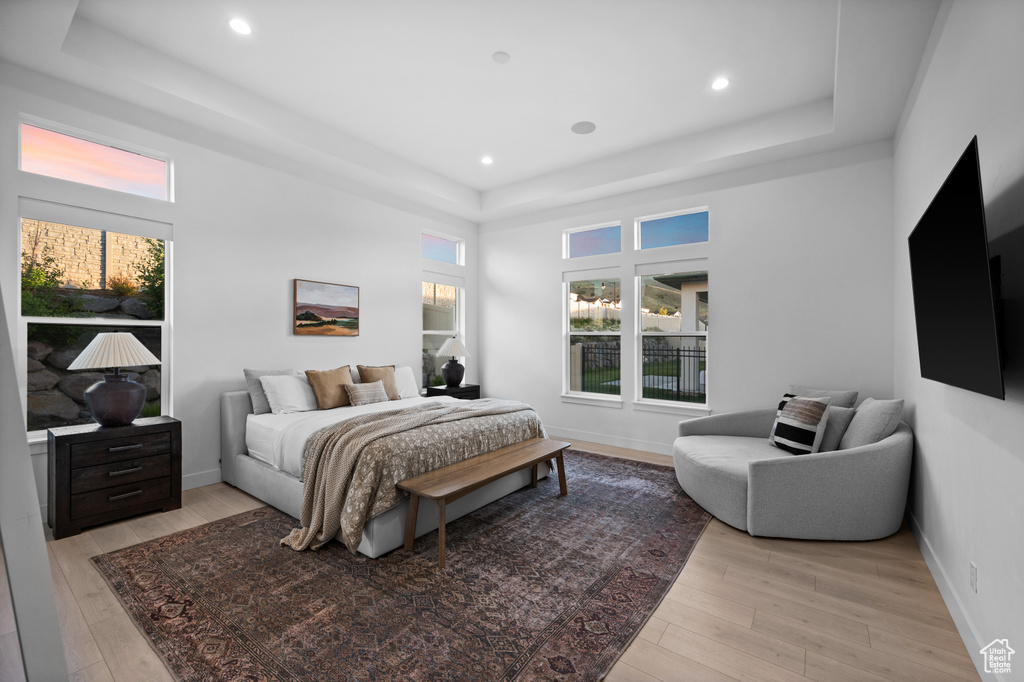 Bedroom featuring a tray ceiling, light wood finished floors, recessed lighting, and baseboards
