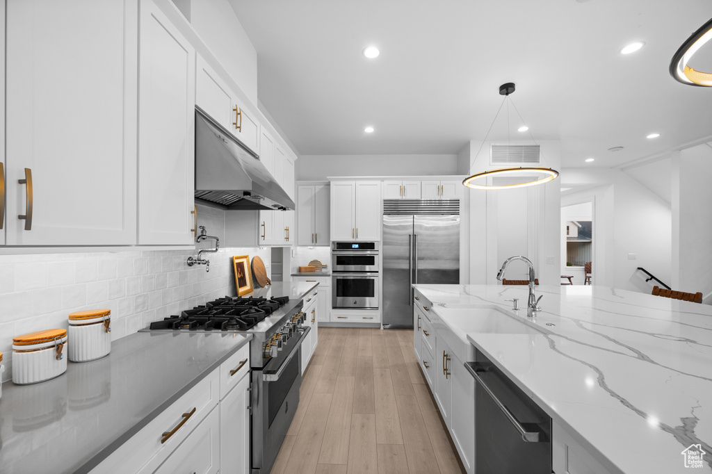 Kitchen featuring under cabinet range hood, high quality appliances, a sink, white cabinets, and backsplash