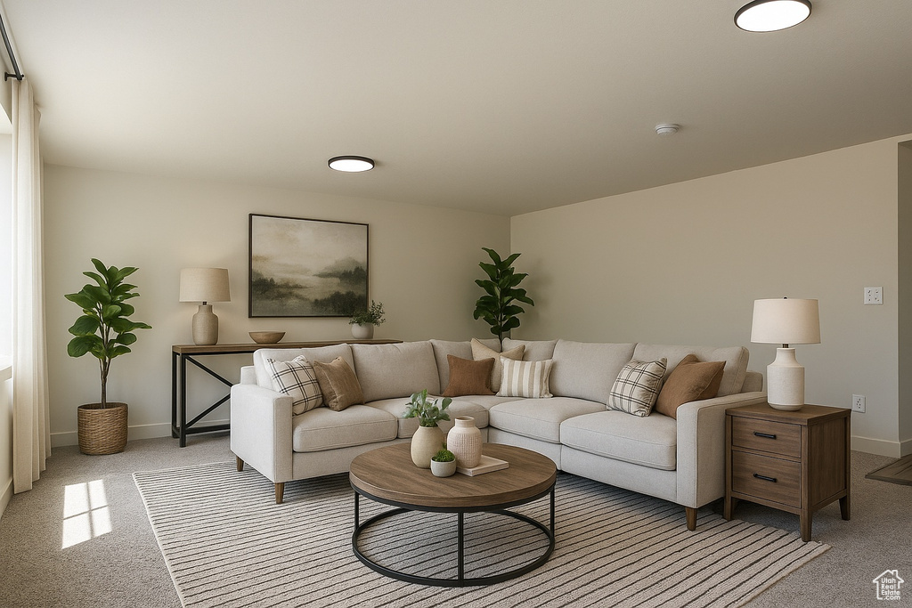 Living room featuring light colored carpet and baseboards