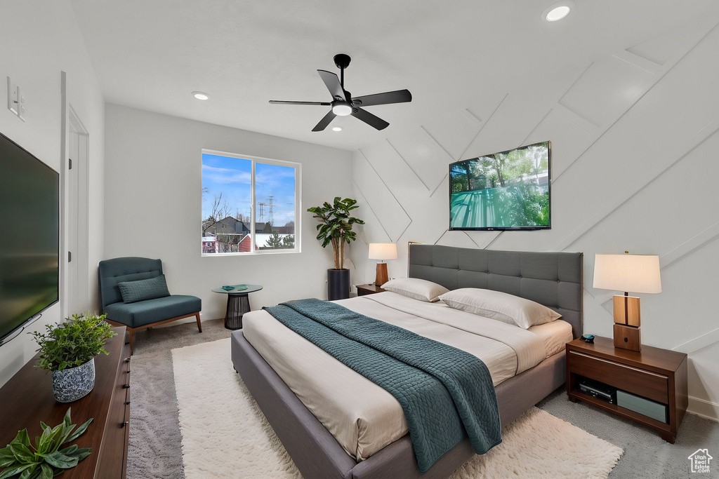 Bedroom with carpet floors, recessed lighting, and ceiling fan