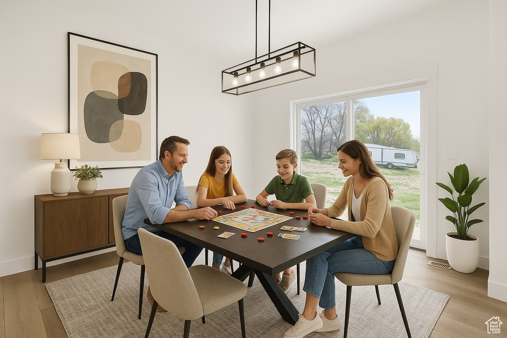 Dining space featuring light wood-type flooring and baseboards