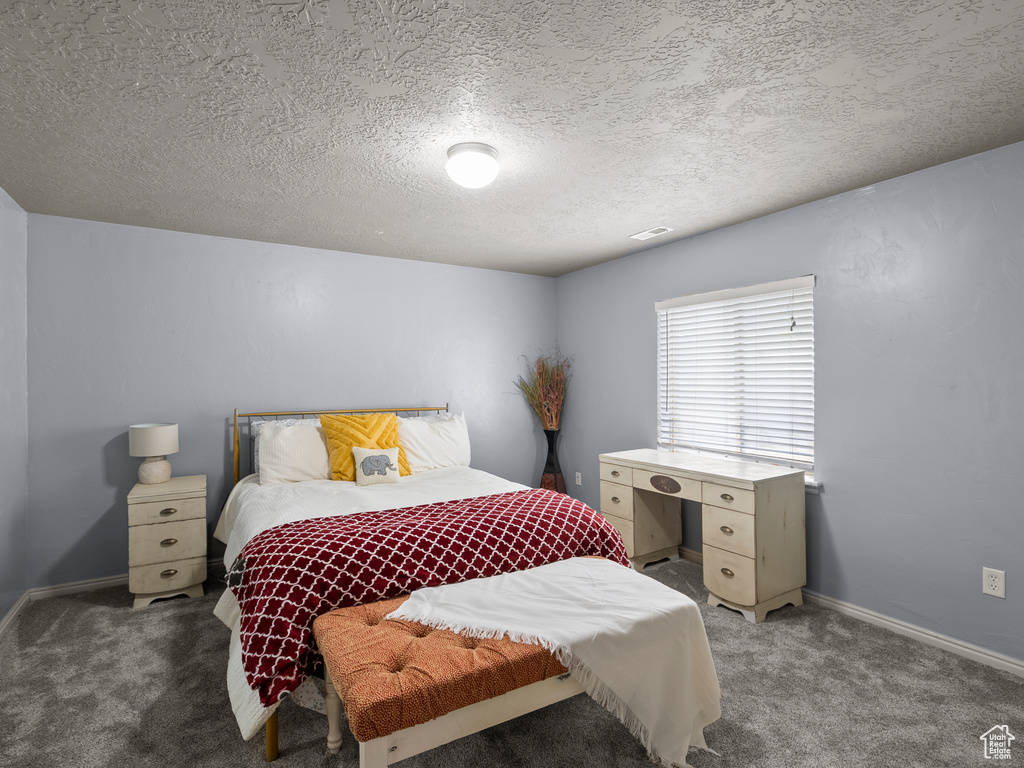 Bedroom featuring carpet floors, a textured ceiling, and baseboards
