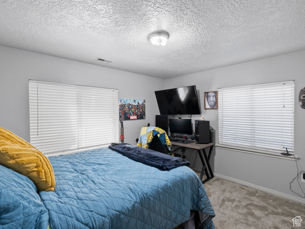 Bedroom featuring carpet, baseboards, a desk, and a textured ceiling