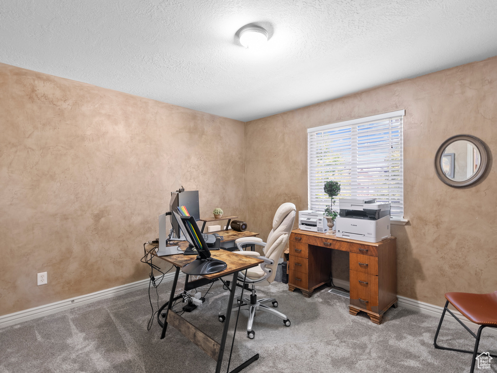 Carpeted office space featuring a textured ceiling and baseboards