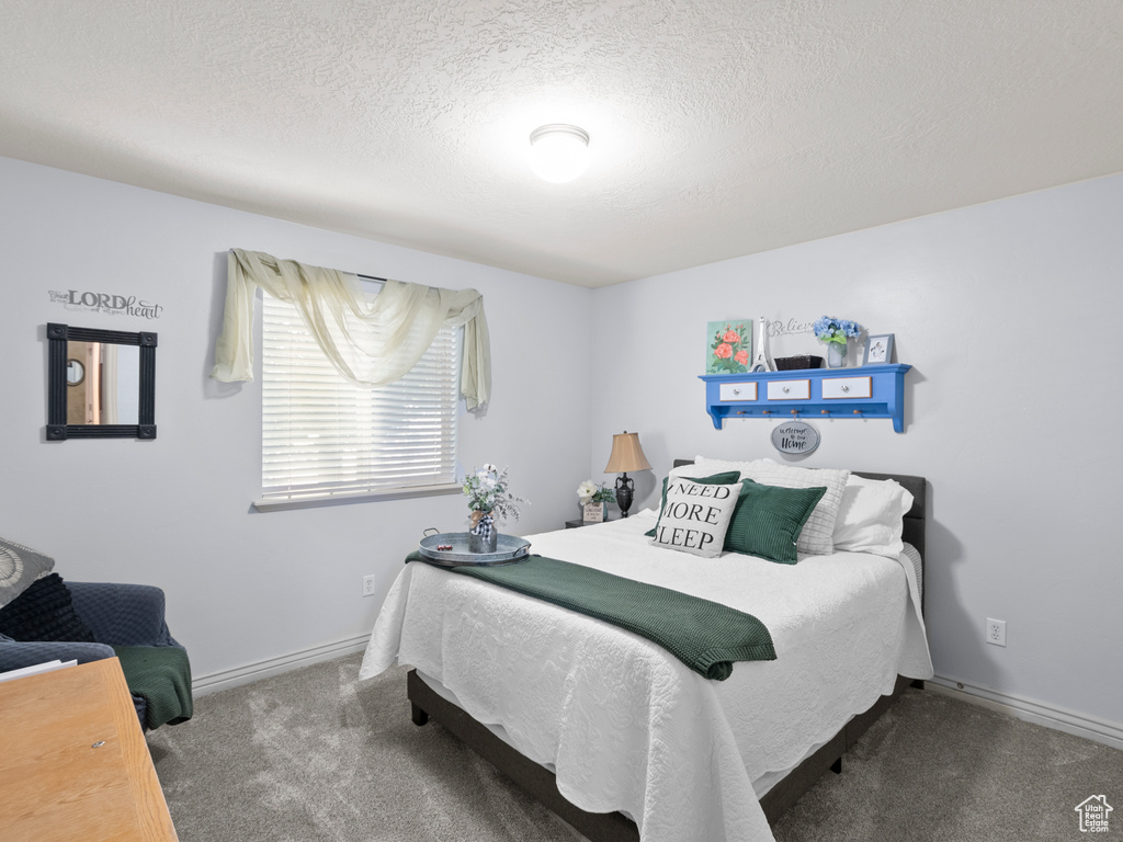 Bedroom featuring carpet, a textured ceiling, and baseboards