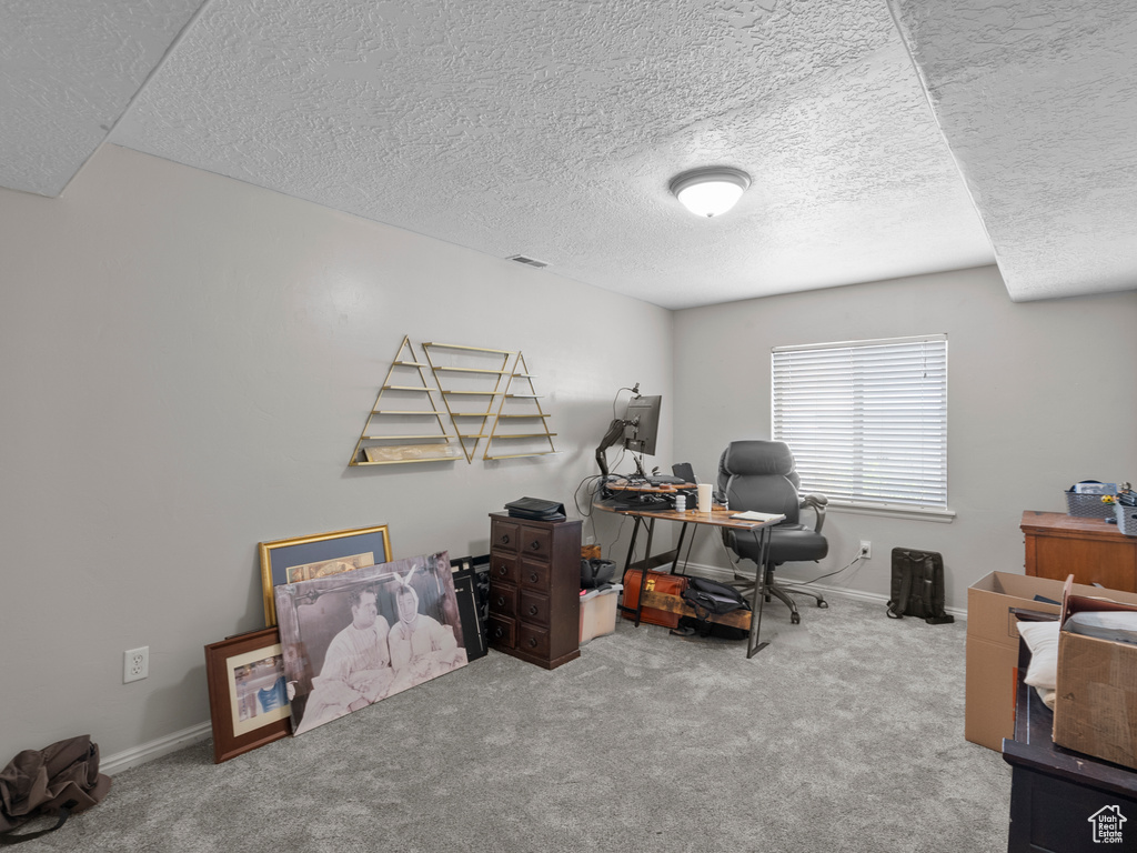 Office space with a textured ceiling, carpet, and baseboards