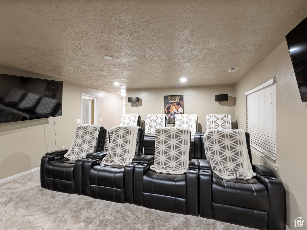Carpeted cinema with a textured ceiling, recessed lighting, and baseboards