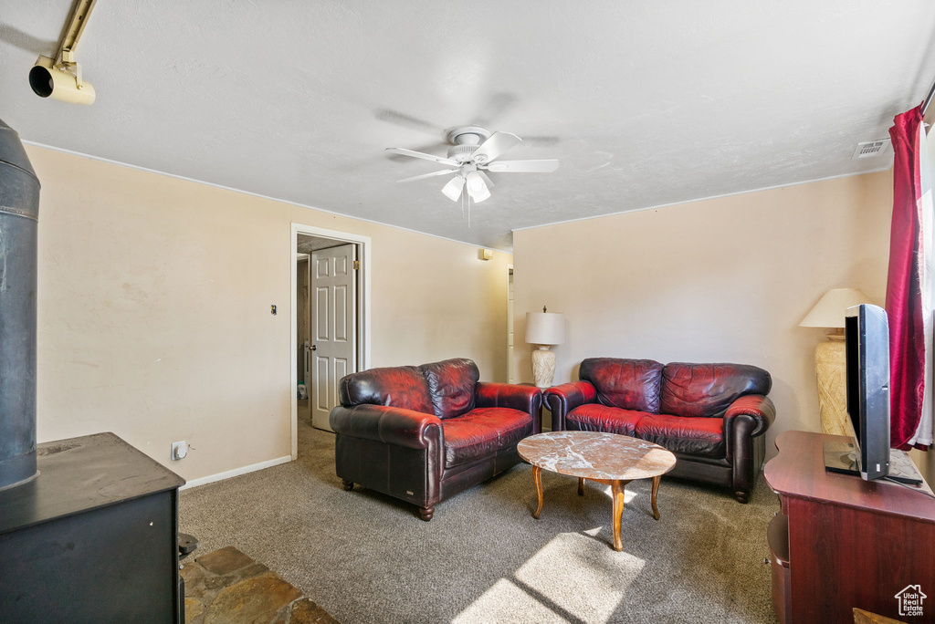 Living room with a wood stove, ceiling fan, carpet flooring, and baseboards