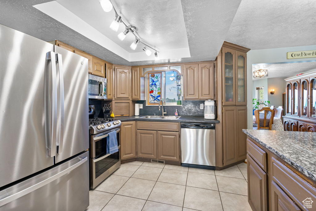 Kitchen featuring appliances with stainless steel finishes, a sink, a textured ceiling, a raised ceiling, and backsplash
