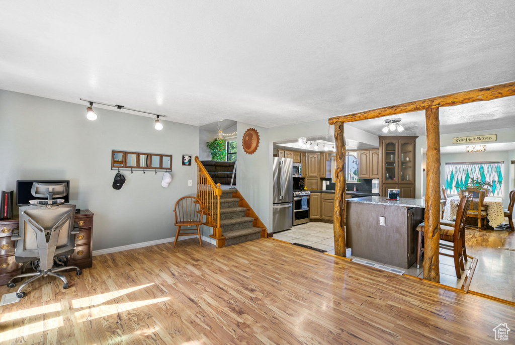 Kitchen featuring stainless steel appliances, light wood-type flooring, a peninsula, glass insert cabinets, and track lighting