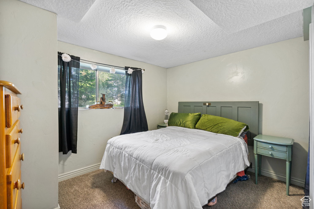 Carpeted bedroom featuring a textured ceiling