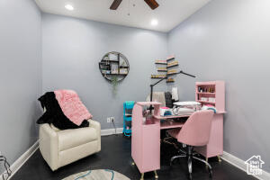 Office space featuring ceiling fan, baseboards, and recessed lighting