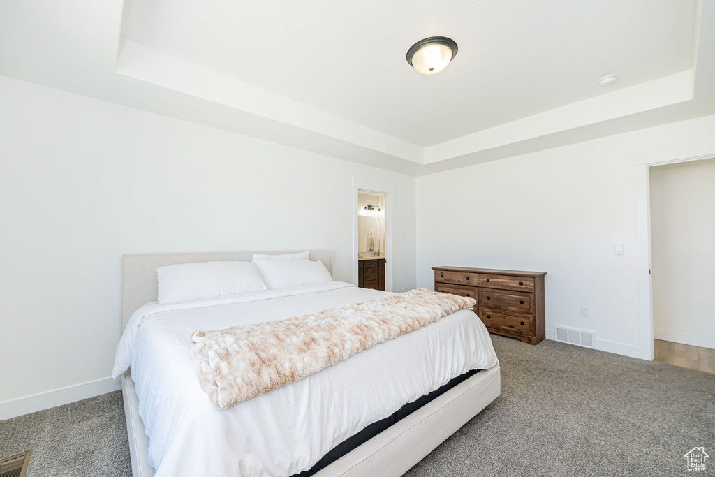 Carpeted bedroom featuring a raised ceiling, baseboards, and ensuite bath
