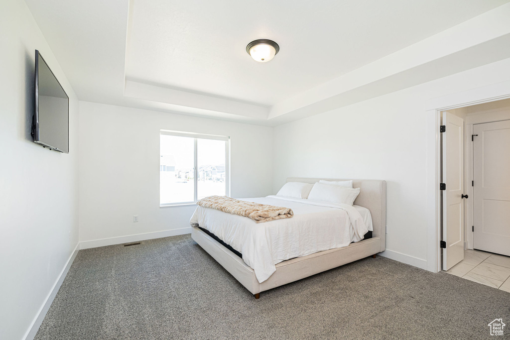 Bedroom with baseboards, a tray ceiling, and light carpet