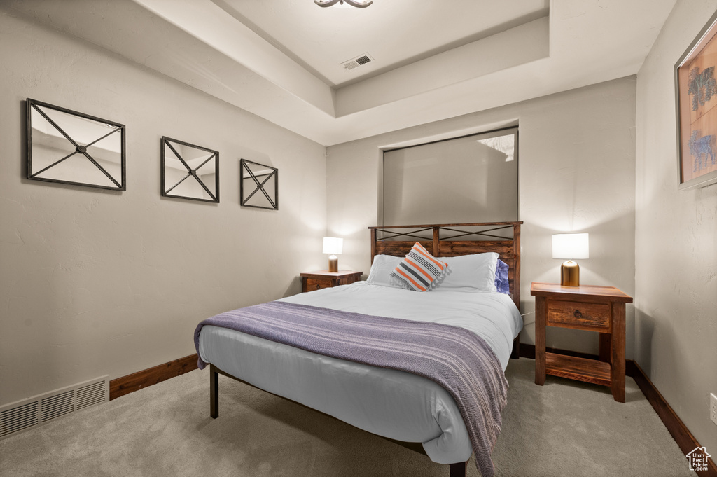 Carpeted bedroom featuring baseboards and a tray ceiling