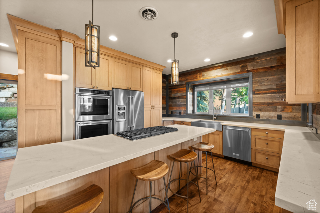 Kitchen with stainless steel appliances, a sink, light brown cabinets, recessed lighting, and dark wood finished floors