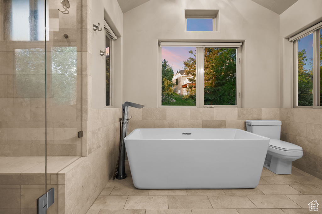 Full bathroom featuring tile walls, a freestanding bath, vaulted ceiling, a stall shower, and toilet