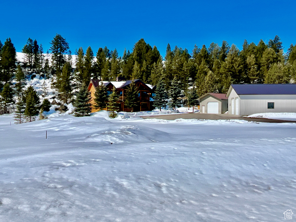Snowy yard with an outbuilding and a garage
