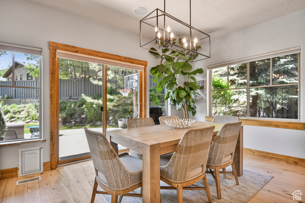 Dining room with a chandelier, light wood-type flooring, and baseboards