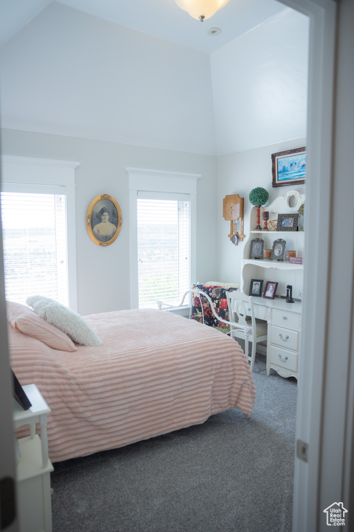 Carpeted bedroom with lofted ceiling and multiple windows