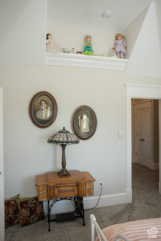 Detailed view of carpet floors and a smoke detector