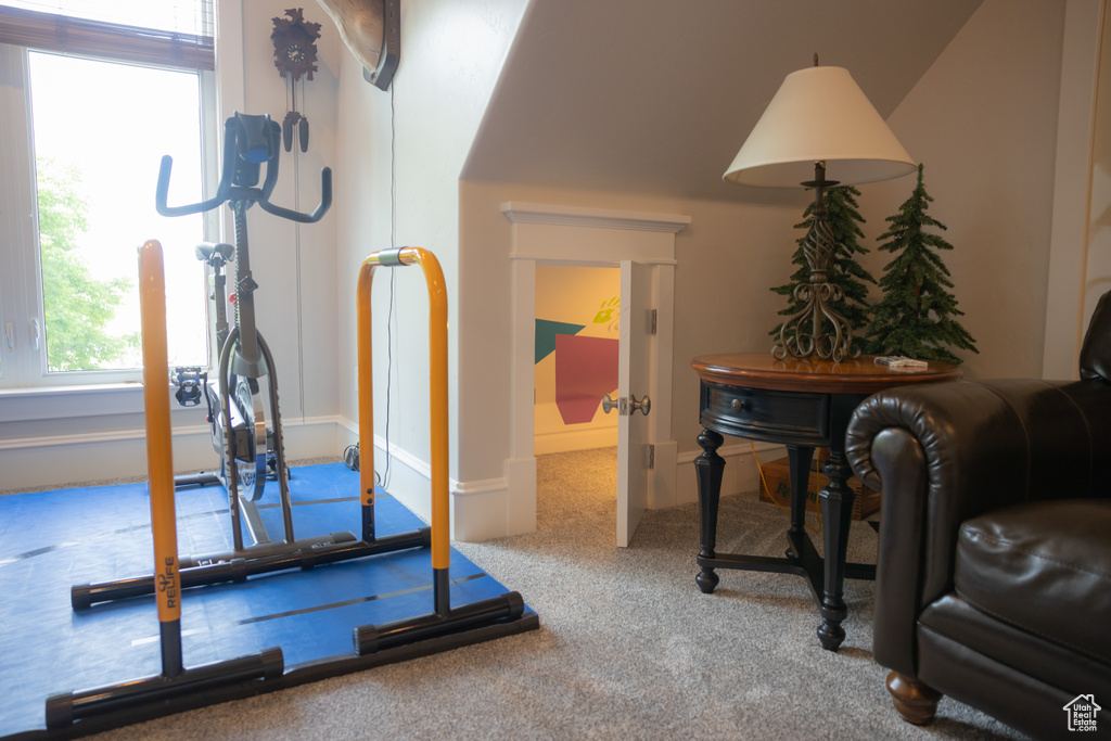 Workout room featuring carpet flooring