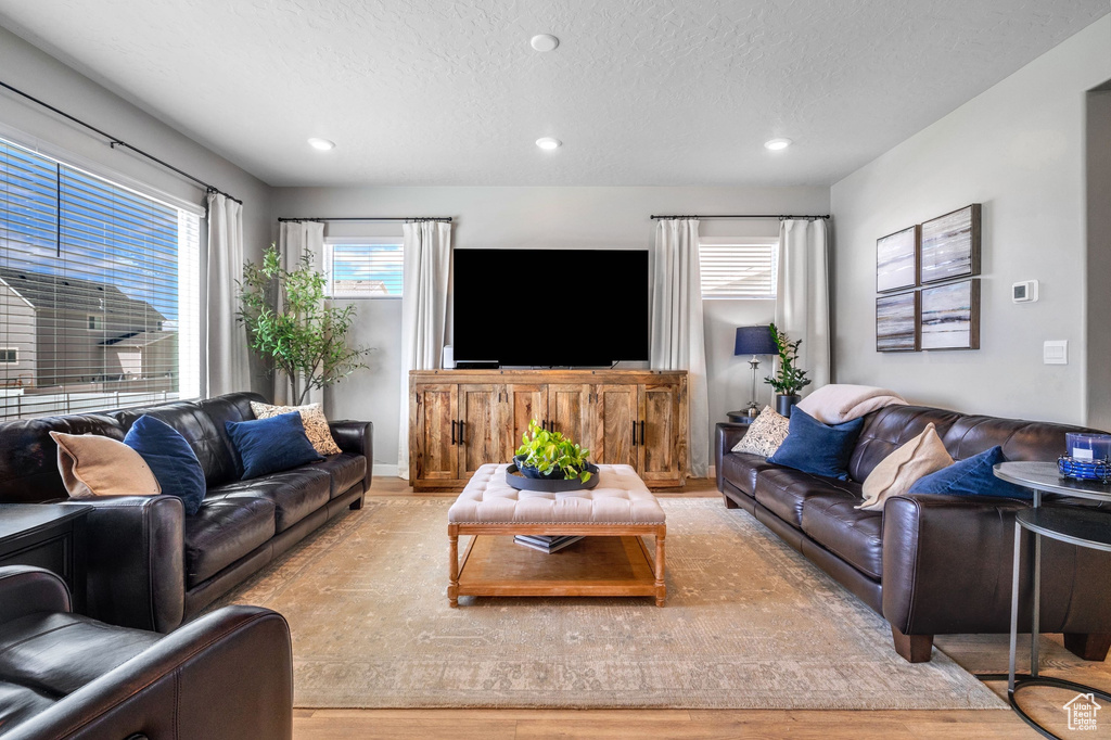Living room with wood finished floors, a textured ceiling, and recessed lighting
